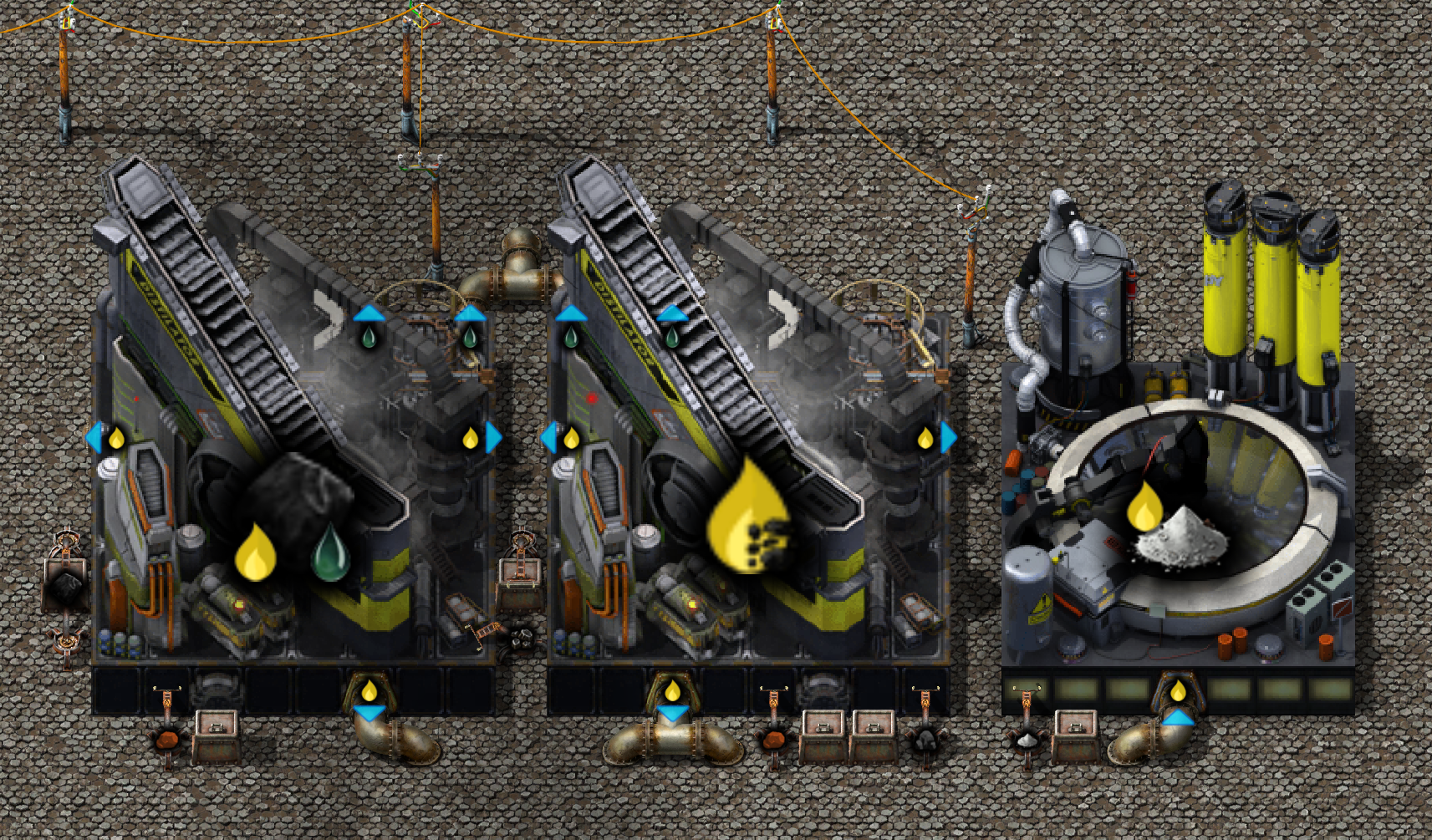 A coking plant, with raw coal converted into coal on the left before being fed into a coke furnace in the center. Excess coal gas is burned off in a high-pressure reactor on the right.