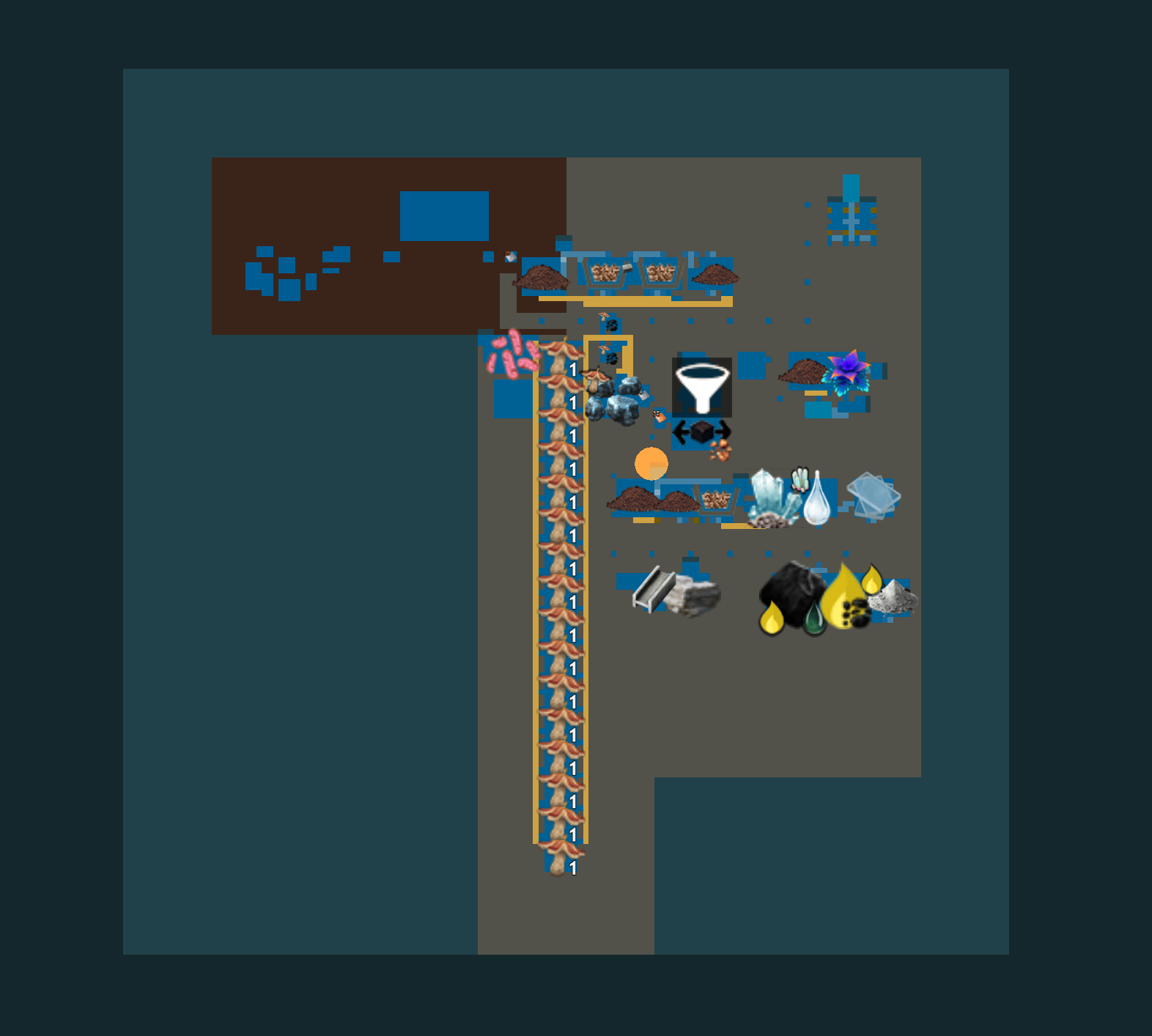 A map of my overall platform. Glass, coke, and steel have been added to the east of the Fowagae mushroom farms, south of native flora and ash separation.