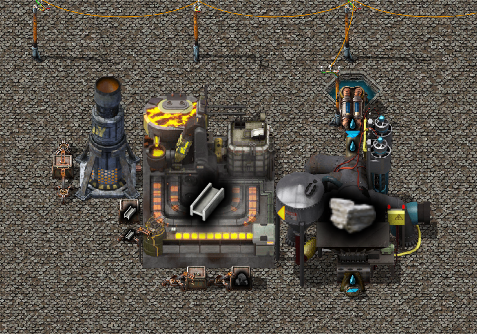 A steel foundry. Heat for the foundry comes from a burner on the left. On the right is a soil extractor producing limestone.