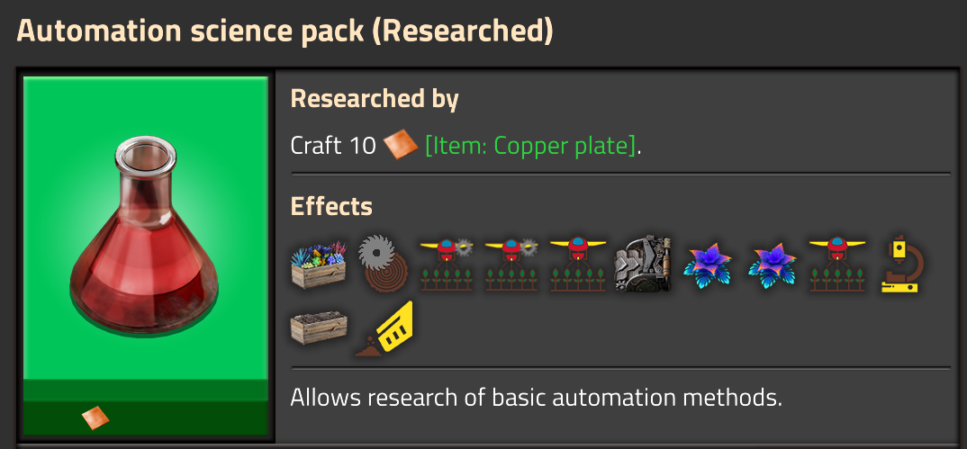 The automation science pack research screen, described below.