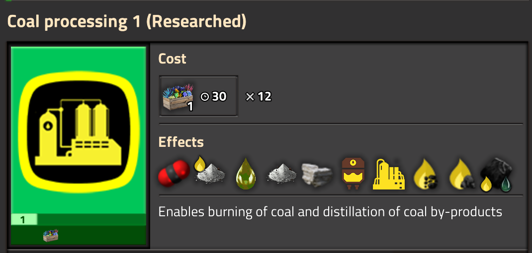 The Coal processing 1 research screen, described below.