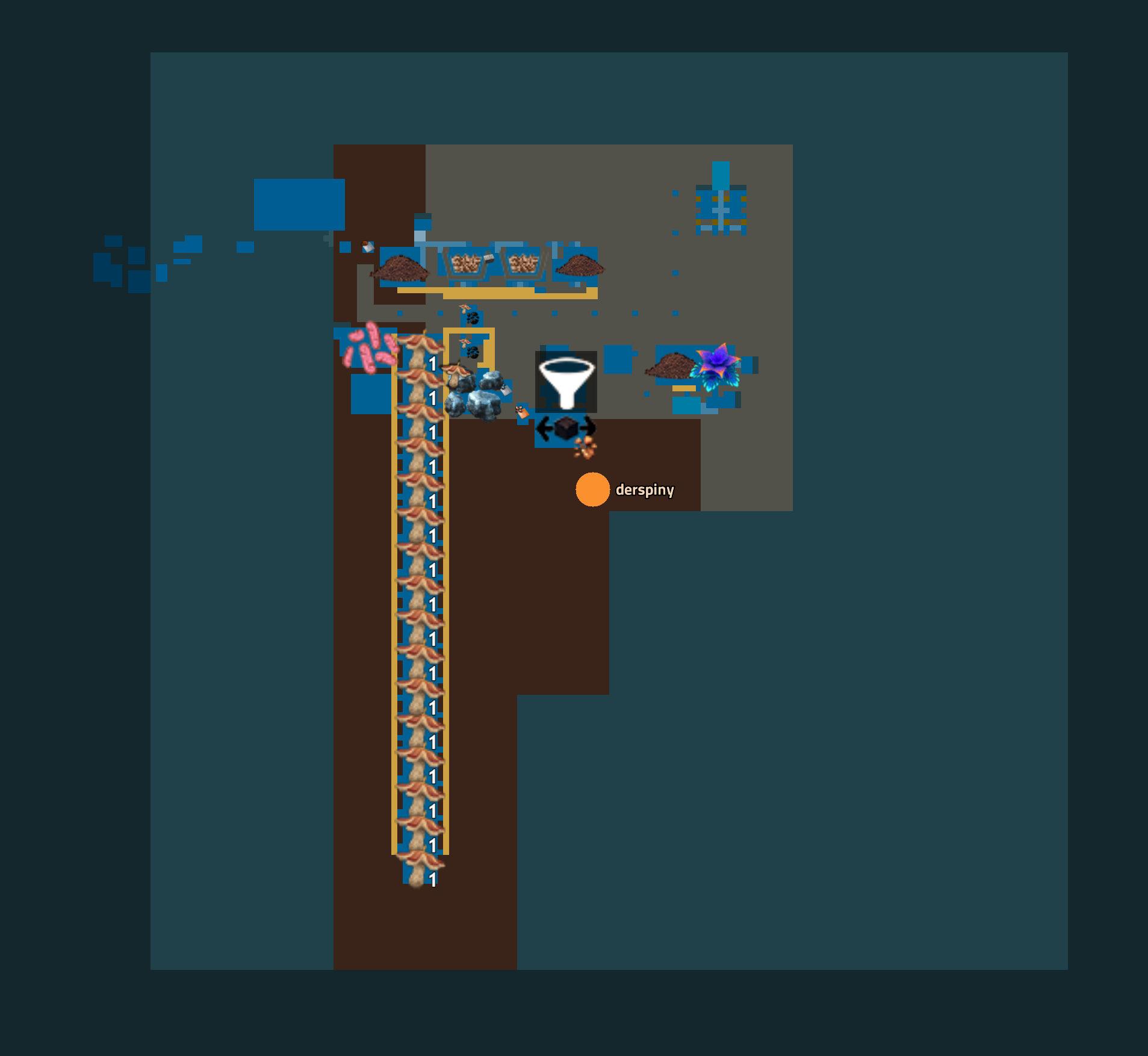 A map of the platform at the end of this session. Mushroom processing is a large column on the west side, with ash separation next to it. Soil processing occupies the northwest corner. ON the east are the labs, native flora, and prototype generator.