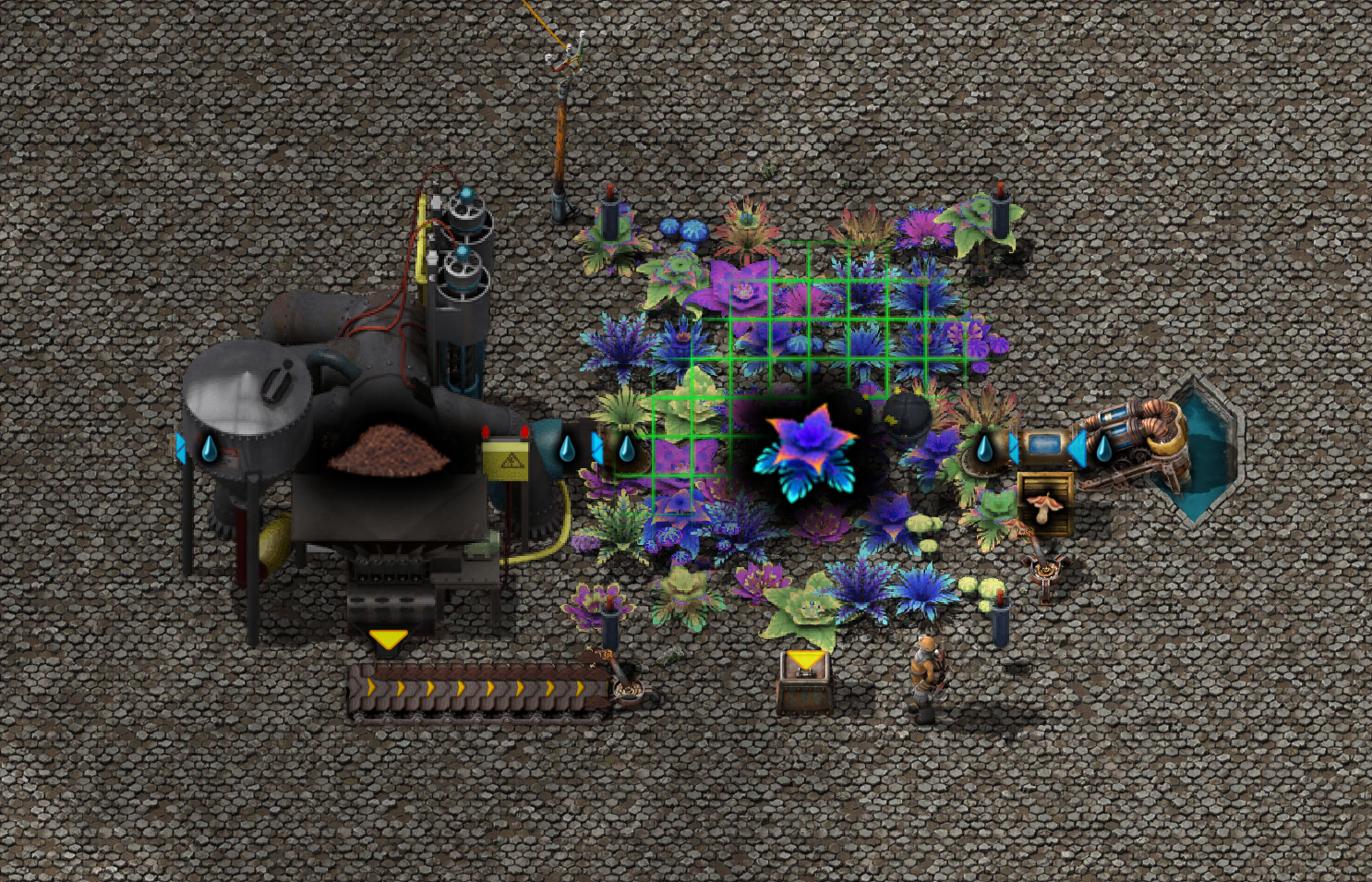 A native flora cultivator, fed from one side by a water pump and from the other by a soil extractor. The output is dumped directly into an iron chest.