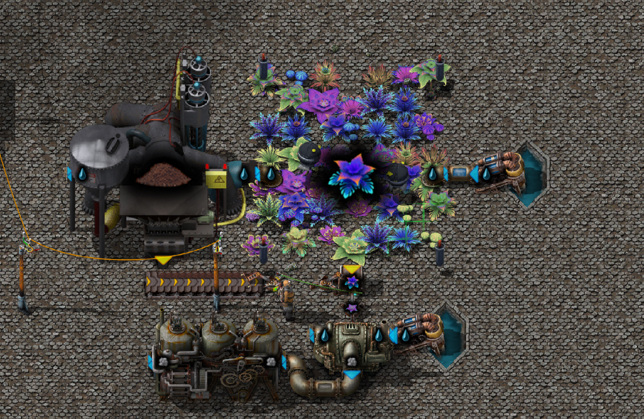 The same cultivator. The output is now rigged to feed soil and native flora back into the cultivator, and to transfer floraspoilinin into a small steam generator for disposal.