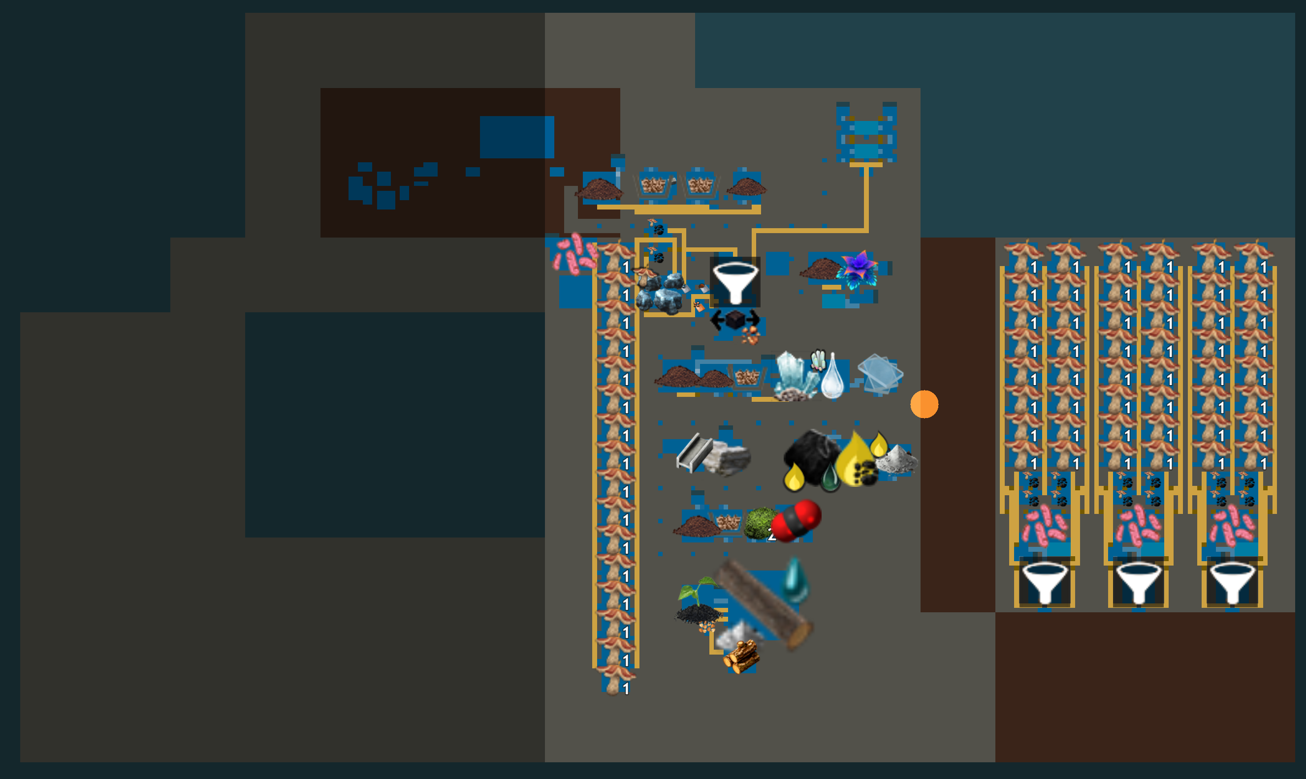 The final map situation. There is a large blank area to the east. On the west, there are three columns of raw coal production, as described above.