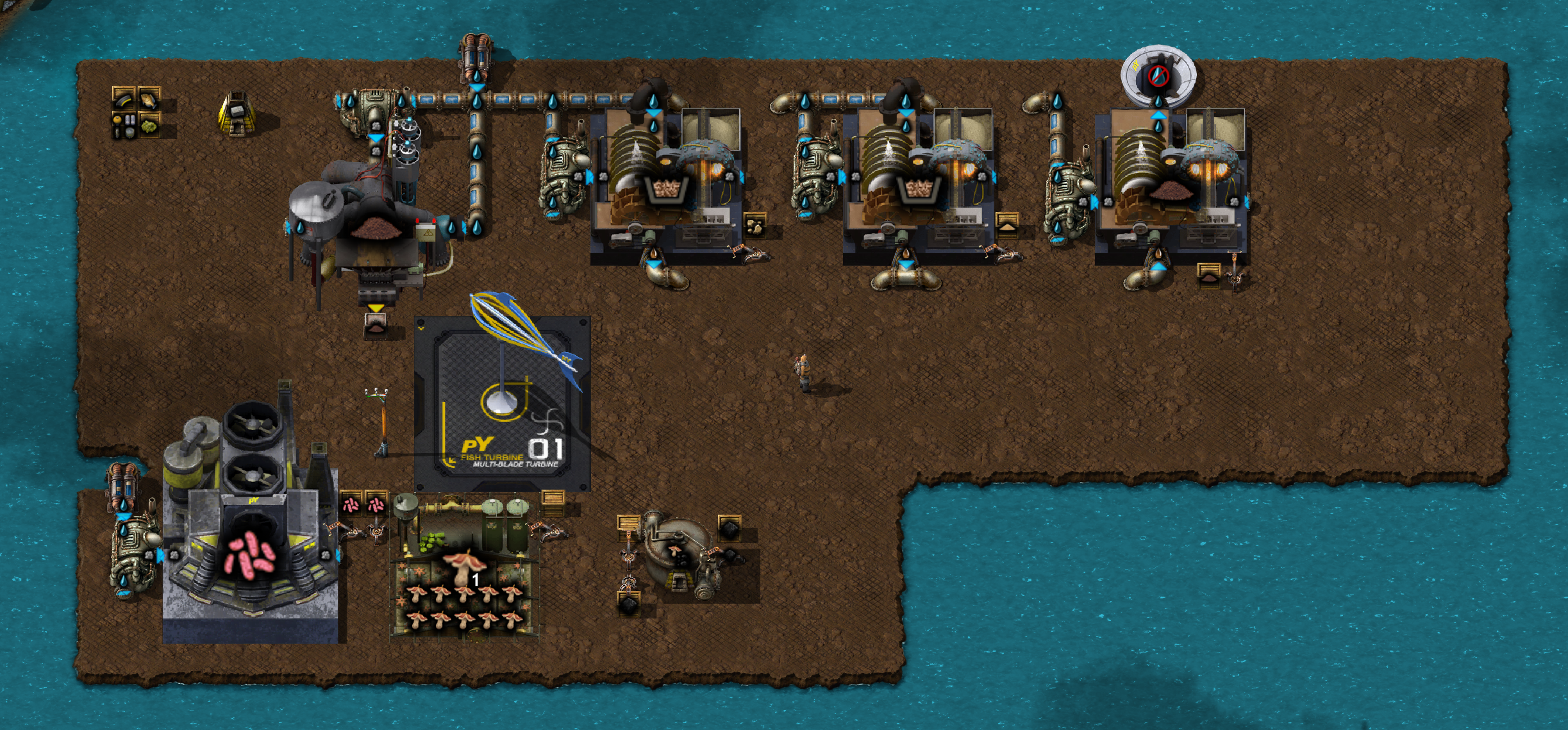 The platform has been expanded to the south to accommodate a spore extractor, a Fawogae plantation, and a destructive distillation column. The wind turbine has been moved to be above the plantation.