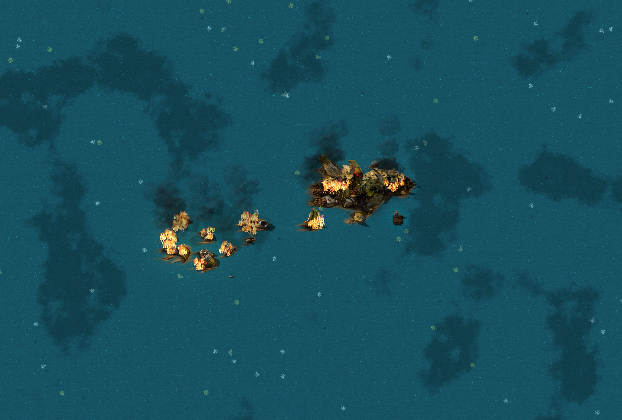 The Factorio engineer, standing on a single block of landfill, next to a crashed spaceship in an endless ocean of water