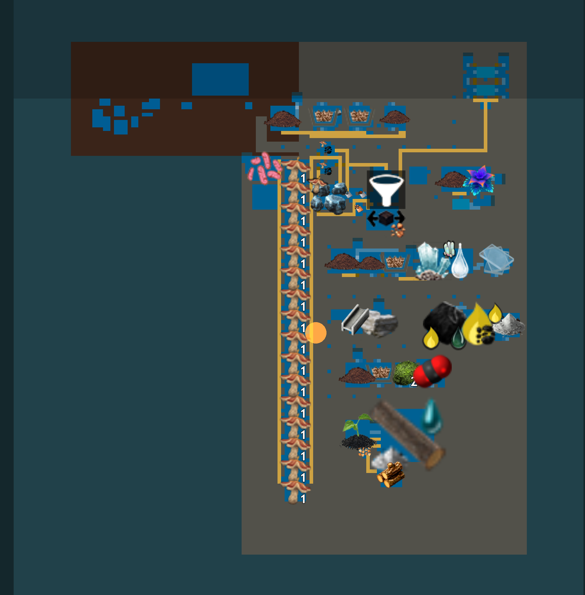 A map of the sea platform. The new moss and wood production buildings have been added at the southernmost end of the platform, to the east of the Fawogae plantations.