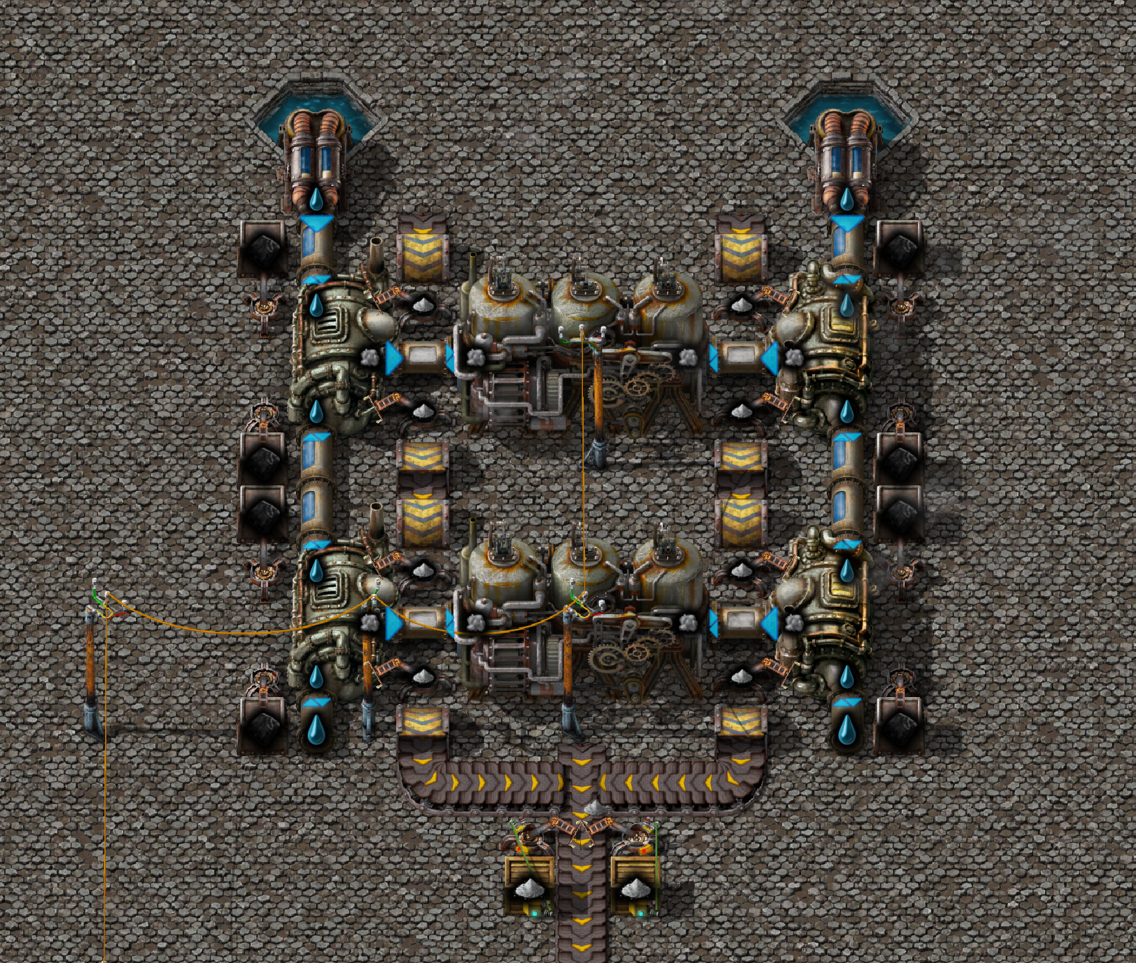 A steam power plant. Two steam generators are set up. Each generator is bracketed on the ends by a pair of boilers. Coal is fed in from iron chests, while ash is carried away on a belt.