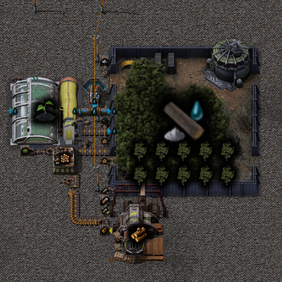 A tree farm. The process winds around the farm in clockwise order, from a botanical nursery making saplings to a fastwood forestry growing them into logs. Logs are moved to a wood processor to be cut into wood, which is then processed back into tree seeds to restart the process.