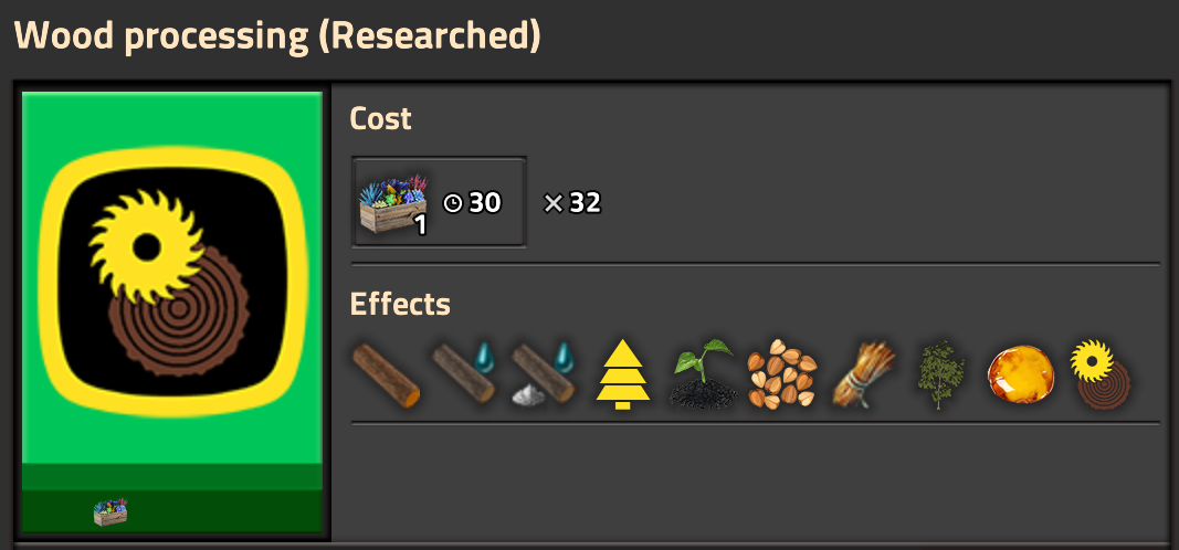 The Wood processing research screen, described below.